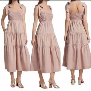 En Saison Smocked Tiered Midi Dress Tie Strap Casual Pink Size S‎